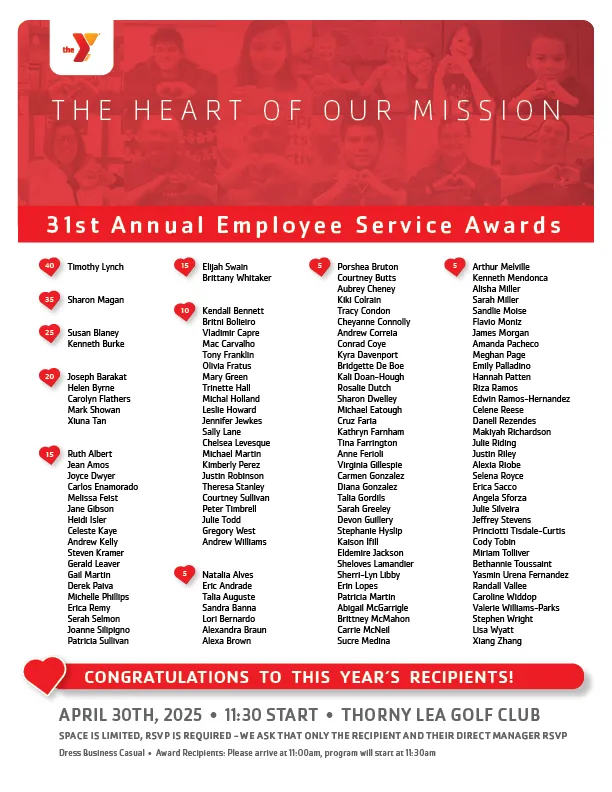 Picture of the Employee Service Award flyer with the names of recipients and event information