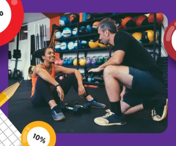 Photo of personal trainer helping guide woman working out surrounded by bingo balls with different percent's off, part of the pick your percent personal training sale